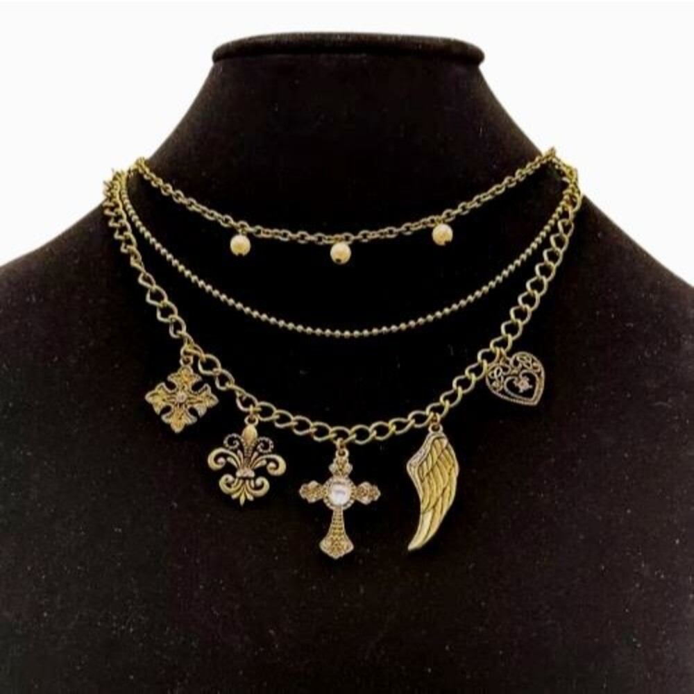 NWT Cookie Lee 3-Tiered Multi-Strand Charm Necklace w/Faux Pearls Crystals Glass